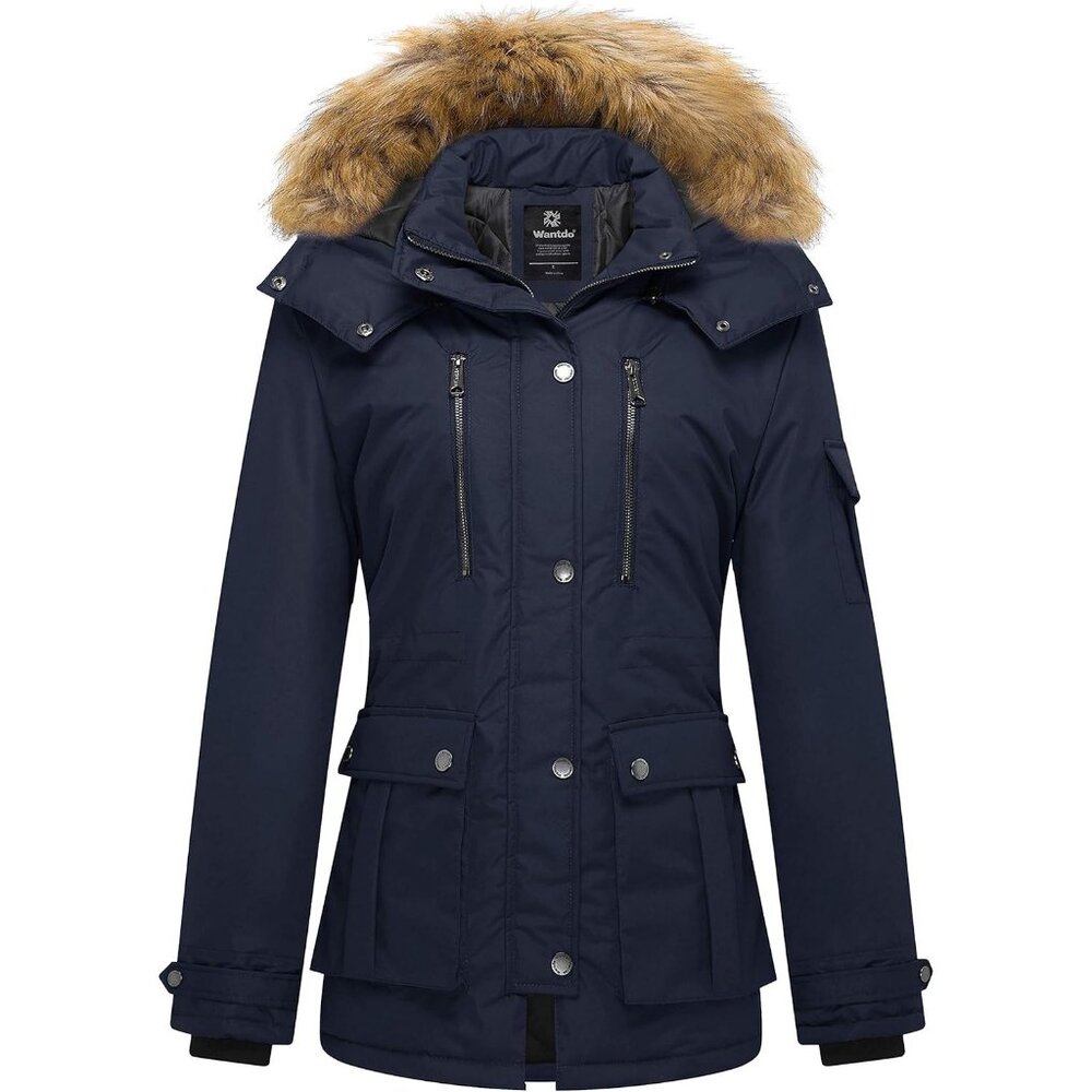 Women's Navy Blue Quilted Puffer Coat Jacket Winter Warm Thicken Removable Hood